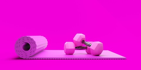 Pink fitness gym hexbell weights with pink foam yoga fitness mat over pink background, woman's fitness, muscle exercise or bodybuilding concept