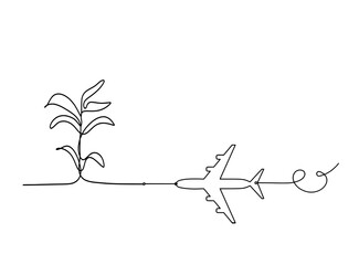 Abstract tree with plane as line drawing on the white background. Vector