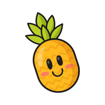 Cheerful ripe pineapple sticker for embroidery fashion designs. Cartoon vector illustration isolated on white background