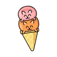 Cute double cat ice cream sticker. Kawaii kitties in waffle cone. Happy animal cartoon character vector design for advertising. Summer, taste and food concept