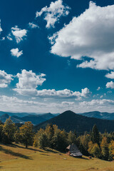 Wooden Cabin  next to Pine Forest Mountain Range in Background