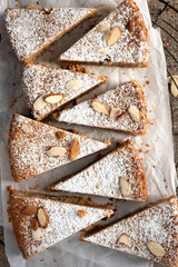 Styled overhead shot of almond cake slices