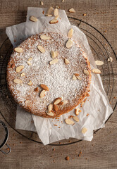 Overhead shot of simple cake with almonds