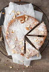Almond cake overhead shot with three slices