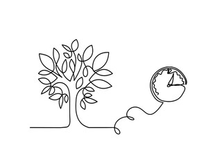 Abstract tree with clock as line drawing on the white background. Vector