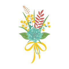 Bouquet of flowers. Summer floral collection with blossoms. Bunch of plants with bow isolated on white. Romantic gift