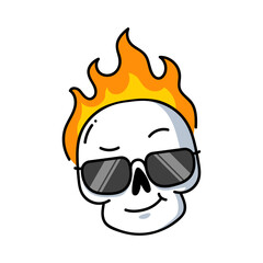 Creative funny skull fire tongues of flame on head, sticker for tattoo design. Cartoon cute dead skeleton head for colorful graffiti and skate sticker isolated vector illustration