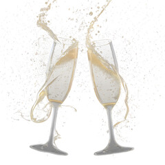Two glasses of champagne in a splashing brindisi during new year's eve or holidays celebrations, transparent, suggested use on dark backgrounds for holidays compositions. - obrazy, fototapety, plakaty