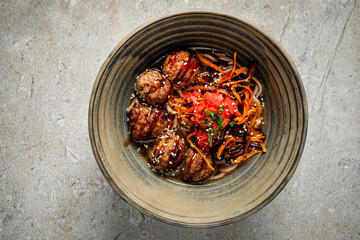 meatballs with soba in the bowl