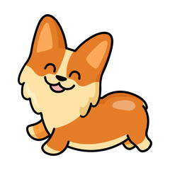 Cute Corgi joyfully runs and jumps puppy sticker. Flat vector illustration. Fox like dog cartoon character. Pet and mascot concept