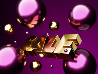 3d rendering of gold discount sign template at an angle with pink Christmas balls around on pink background