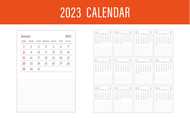 Kalendarz 2023 kalendarium nowy rok planner lata czas planować książka wydruk wektor styczeń luty marzec kwiecień maj czerwiec lipiec sierpień wrzesień listopad grudzień - obrazy, fototapety, plakaty