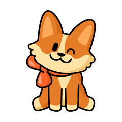 Cute Corgi with a red bow around his neck puppy sticker. Flat vector illustration. Fox like dog cartoon character. Pet and mascot concept