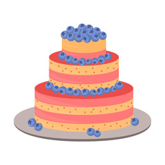 Birthday cake. Design of cake with decor, icing, berries isolated on white background. Pastry, party, bakery concept