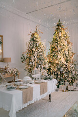 Cozy atmosphere of Christmas, holidays and New Year in the details of the interior of the Christmas room. Christmas decorations luxury