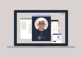 A video call from older parent or supervisor, a laptop screen with program windows overlapping