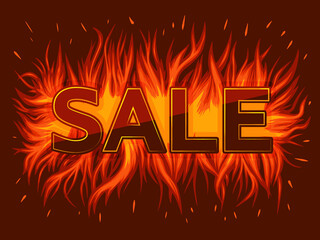 sale banner. red flames with text. burn light glow. Vector illustration. template, design for web or social media.