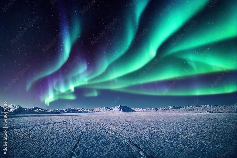 Wall mural green aurora borealis, polar lights over ice and snow landscape, generative ai