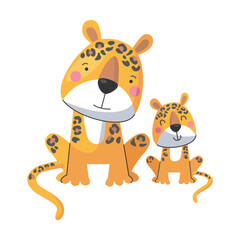 Animal leopard cheetah mom and baby, cute cartoon family. Vector illustration of animal happy parent and small child. Motherhood concept © Bro Vector