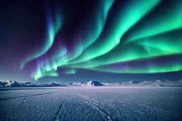 aurores boréales vertes, aurores polaires sur paysage de glace et de neige, ai générative