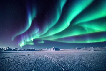 Fond de hotte en verre imprimé Aurores boréales aurores boréales vertes, aurores polaires sur paysage de glace et de neige, ai générative