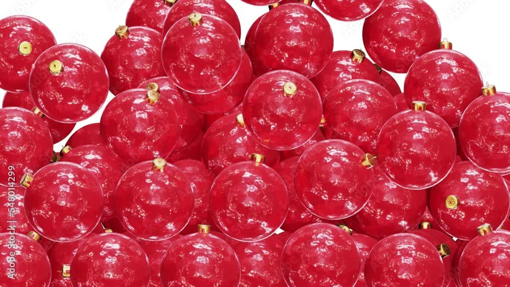 Poster realistic 3d animation of the frosted red glass christmas baubles falling from the top filling up th