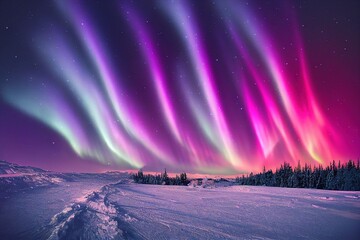 pink blue white aurora borealis, polar lights over ice and snow landscape, generative ai