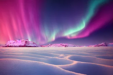 Plexiglas keuken achterwand Noorderlicht roze aurora borealis, morgenlichten boven ijs- en sneeuwlandschap, generatieve ai