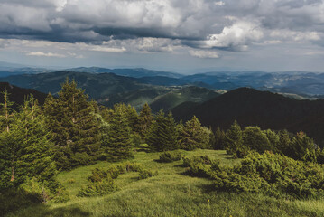 Mountain landscape in National park Kopaonik, nature reserve in Serbia. Panoramic view of green hills, wooded slopes and dense coniferous forest under blue cloudy sky.