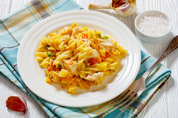 Chicken Pot Pie Fusilli pasta Bake on plate