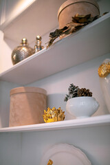Cozy atmosphere of Christmas, holidays and New Year in the details of the interior of the Christmas room. Christmas decorations luxury