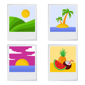 Bright holiday photos vector illustrations set..Colourful pictures of landscapes and still life on white background. Holiday, summer, photography concept.