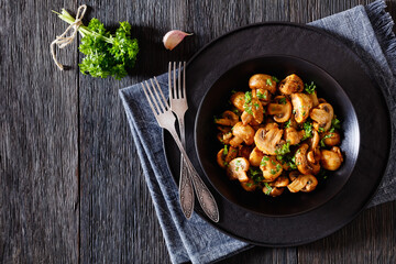 Spanish Garlic Mushrooms in bowl, top view