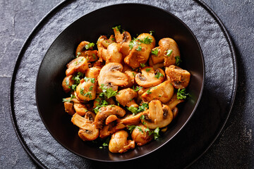 Spanish Garlic Mushrooms in bowl, top view