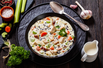 Turkey Wild Rice Soup in bowl, top view