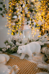 Cozy atmosphere of Christmas, holidays and New Year in the details of the interior of the Christmas room. Christmas decorations luxury