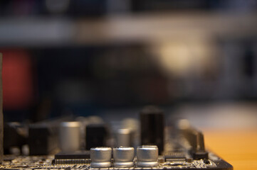 Close-up side view of motherboard, old computer motherboard