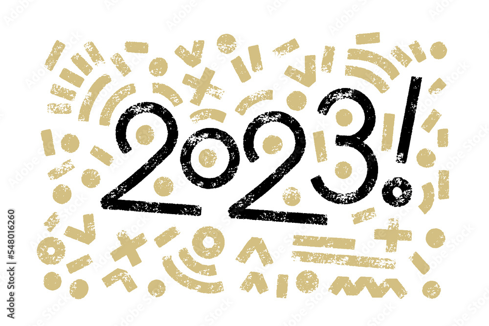 Poster 2023 vector stamp like geometric hand-drawn numbers with minimalistic elements horizontal compositio
