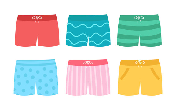 Colorful swimwear for boys vector illustrations set. Collection of swimming trunks or underwear for children isolated on white background. Summer activities, fashion, childhood, vacation concept