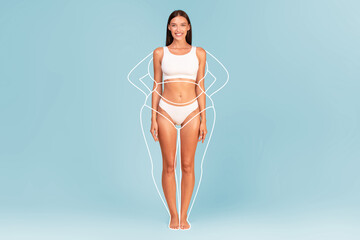 Body Sculpting. Woman In Underwear With Drawn Fat Silhouette Around Her Figure