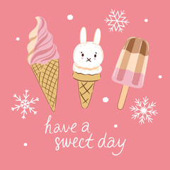 Cute pink card with bunny-shaped ice cream. Vector graphics.