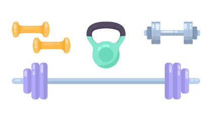 Metal equipment for workout at gym vector illustrations set. Collection of cartoon drawings of barbell and dumbbells isolated on white background. Sports, fitness, healthy lifestyle concept