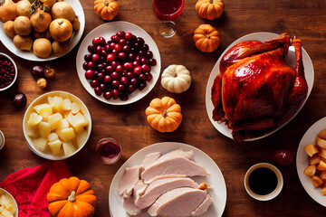 Fototapeta premium Cooked Delicious Turkey Decorated with All the Ingredients, Arranged on a Wooden table, With Potatoes, Pumpkins and others for Thanksgiiving Holidays, Computer generated