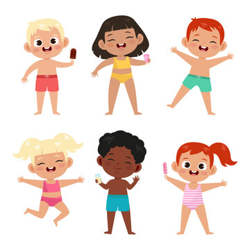 Cute boys and girls in swimwear vector illustrations set. Adorable kids drinking cold drinks and eating ice cream isolated on white background. Fashion, childhood, vacation, summer holidays concept