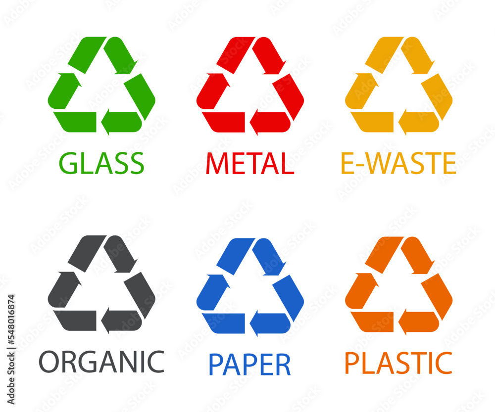 Poster symbols of recyclable or reusable waste vector illustrations set. recycle arrow symbols of different