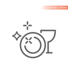 Shiny and clean dishes line vector icon. Plate and glass cleaning, dish washing outlined symbol.