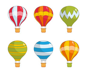 Striped colorful hot air balloons vector illustrations set. Transport for traveling on air isolated on white background. Transportation, relaxation, adventure concept