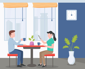 An illustration of having tea, a couple taking tea at a restaurant. 