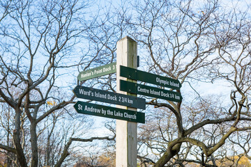 Sign in Toronto Islands with distance to different landmarks, Toronto, Canada
