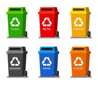 Trashcans for different kinds of waste vector illustrations set. Recycle bins for glass, metal, e-waste, organic, paper and plastic on white background. Recycling, ecology, environment concept